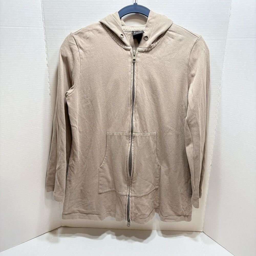Eileen Fisher Petite Medium PM Tan Cotton Longline Zip Up Hoodie Jacket Pockets